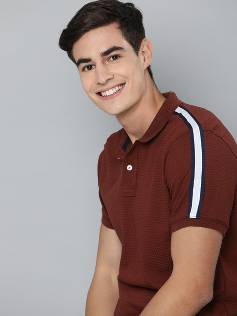 

Mast & Harbour Men Maroon Self Design Polo Collar T-shirt