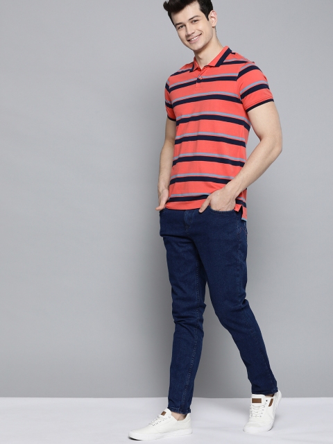 

Mast & Harbour Men Coral Pink & Navy Blue Striped Polo Collar Pure Cotton T-shirt