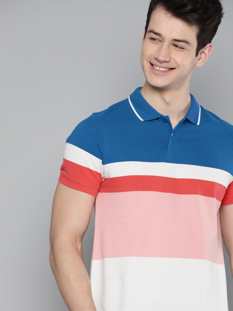 

Mast & Harbour Men White & Pink Pure Cotton Striped Polo Collar T-shirt