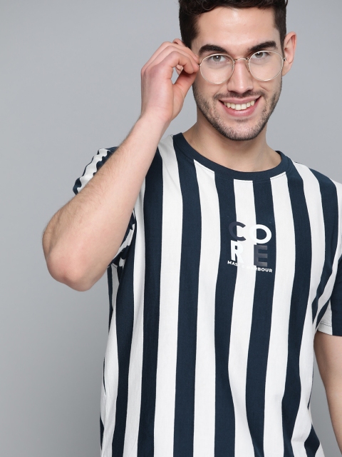 

Mast & Harbour Men Navy & White Pure Cotton Striped Round Neck T-shirt, Navy blue