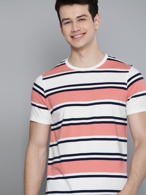 

Mast & Harbour Men White & Pink Pure Cotton Striped Round Neck T-shirt