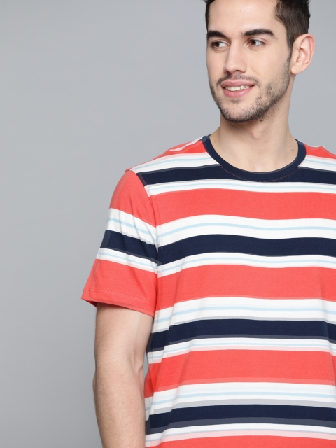 

Mast & Harbour Men Coral Pink & Navy Blue Striped Pure Cotton Round Neck T-shirt