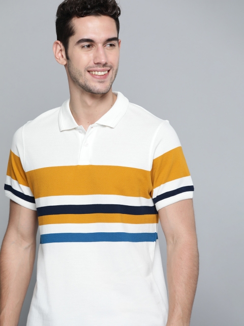 

Mast & Harbour Men Off-White & Mustard Yellow Pure Cotton Striped Polo Collar T-shirt