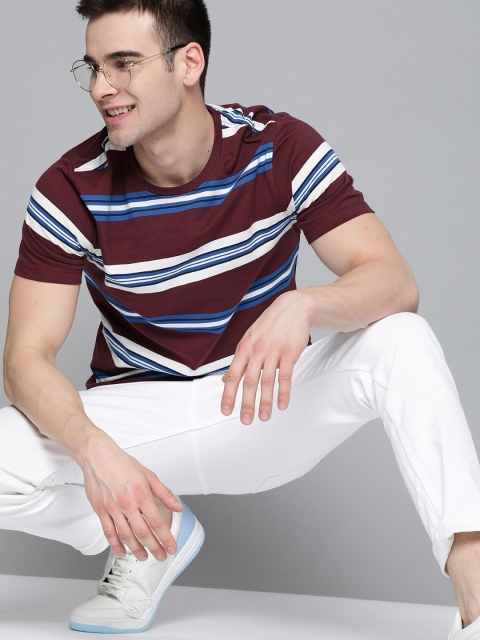 

Mast & Harbour Men Burgundy & White Striped Round Neck Cotton T-shirt