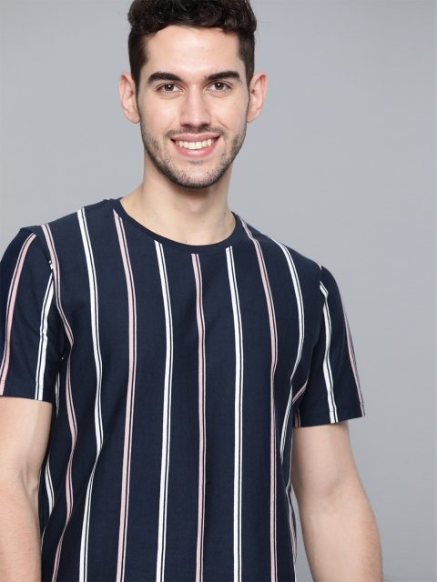 

Mast & Harbour Men Navy Blue & White Pure Cotton Striped Round Neck T-shirt