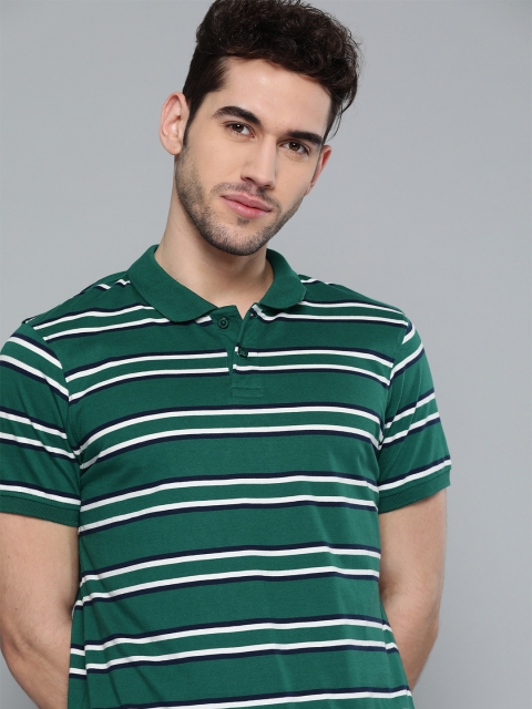 

Mast & Harbour Men Green & Navy Blue Pure Cotton Striped Round Neck T-shirt