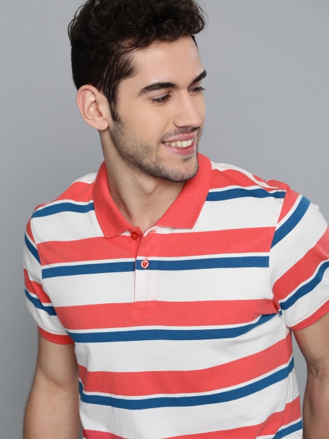 

Mast & Harbour Men Coral Pink & White Pure Cotton Striped Polo Collar T-shirt