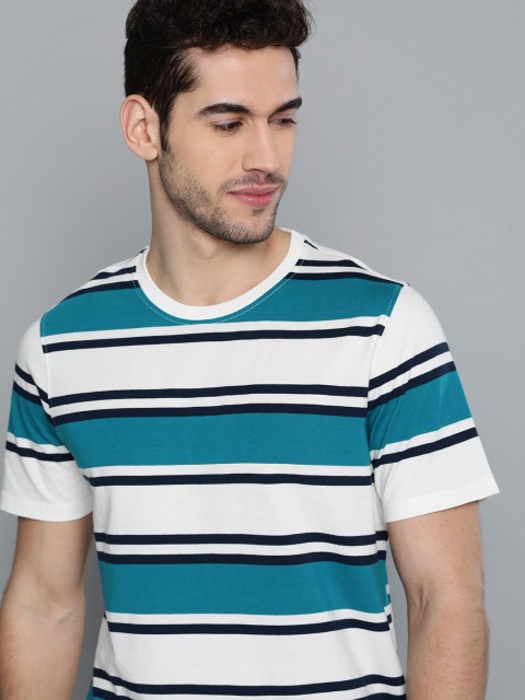 

Mast & Harbour Men White & Teal Blue Pure Cotton Striped Round Neck T-shirt