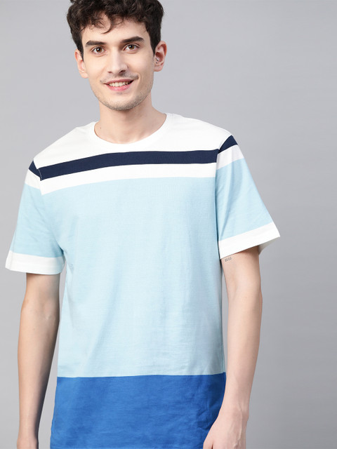

Mast & Harbour Men Blue Handcrafted Striped Pure Cotton T-shirt
