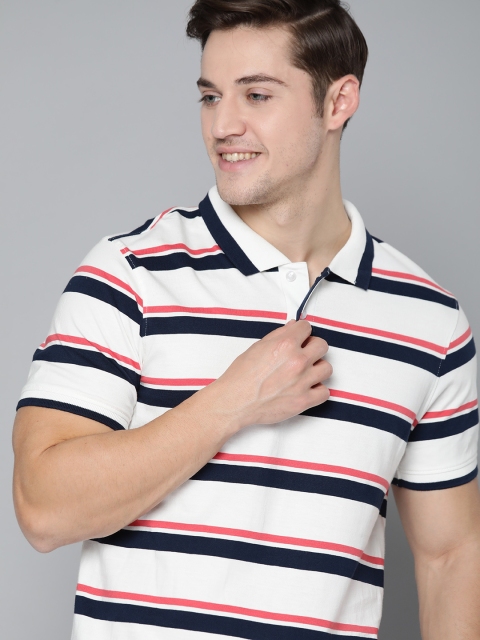 

Mast & Harbour Men White & Navy Blue Striped Pure Cotton Polo Collar T-shirt