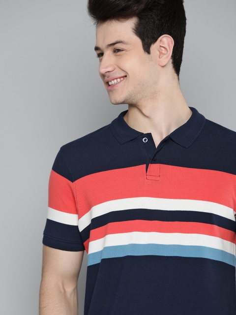 

Mast & Harbour Men Navy Blue & Coral Pink Pure Cotton Striped Polo Collar T-shirt