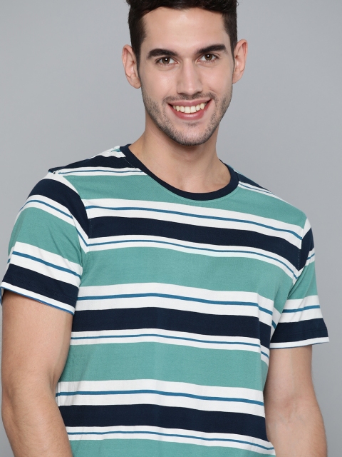 

Mast & Harbour Men Navy Blue Pure Cotton Striped Round Neck T-shirt