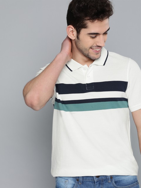 

Mast & Harbour Men White & Blue Striped Pure Cotton Polo Collar T-shirt