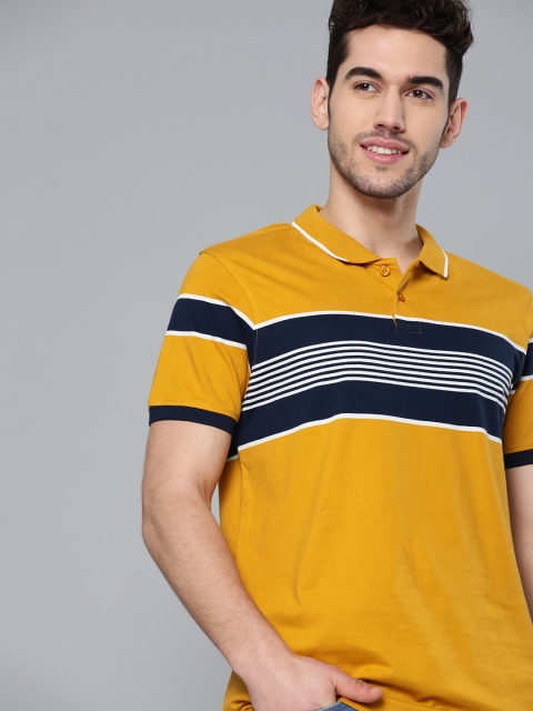 

Mast & Harbour Men Mustard Yellow & Navy Blue Striped Pure Cotton Polo Collar T-shirt