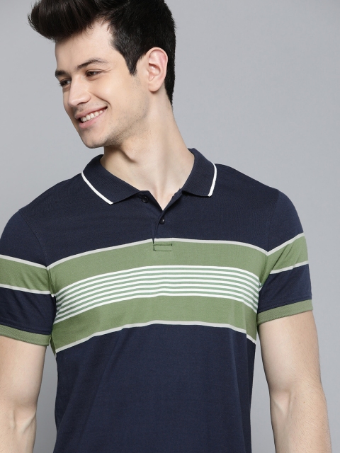 

Mast & Harbour Men Navy Blue & Green Colourblocked Polo Collar Pure Cotton T-shirt