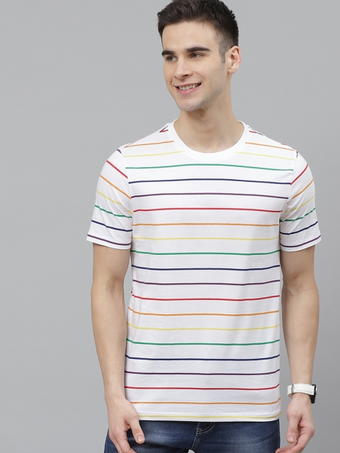 

Mast & Harbour Men White Cotton Striped Round Neck T-shirt