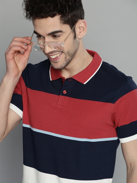 

Mast & Harbour Men Navy Blue Pure Cotton Colourblocked Polo Collar T-shirt