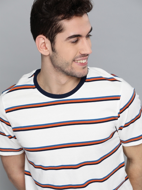 

Mast & Harbour Men White & Orange Pure Cotton Striped Round Neck T-shirt