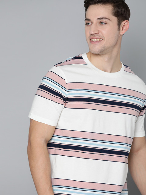

Mast Harbour Men White Pink Pure Cotton Striped Round Neck Pure Cotton T-shirt