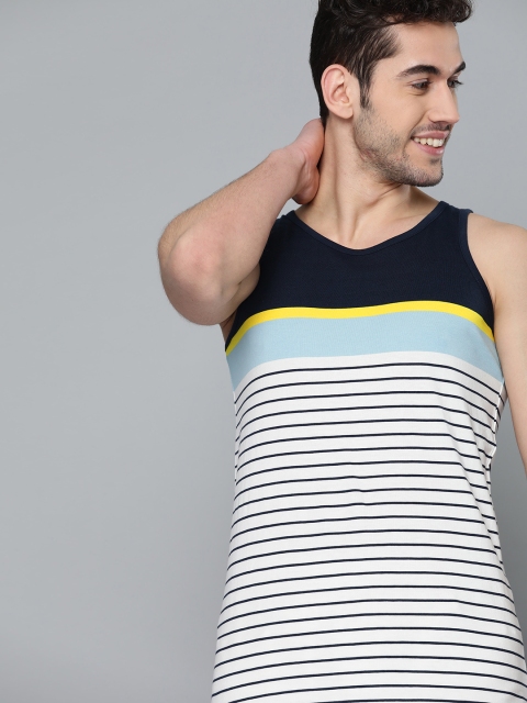 

Mast & Harbour Men White & Navy Blue Striped Round Neck T-shirt
