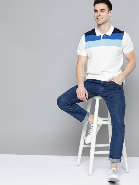 

Mast & Harbour Men White & Blue Pure Cotton Striped Polo Collar T-shirt