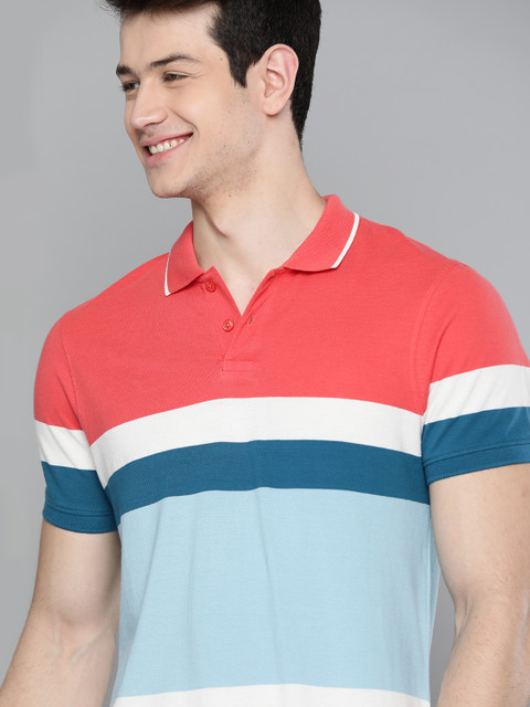 

Mast & Harbour Men Blue & Coral Pink Pure Cotton Striped Polo Collar T-shirt