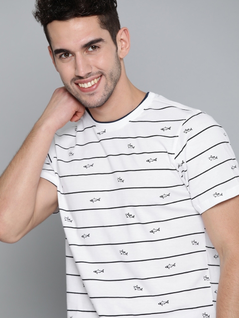 

Mast & Harbour Men White & Black Pure Cotton Nautical Striped Round Neck T-shirt