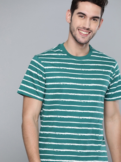 

Mast Harbour Men Green White Pure Cotton Striped Round Neck Pure Cotton T-shirt