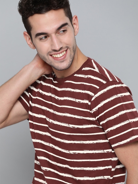 

Mast & Harbour Men Maroon & Off-White Pure Cotton Striped Round Neck T-shirt