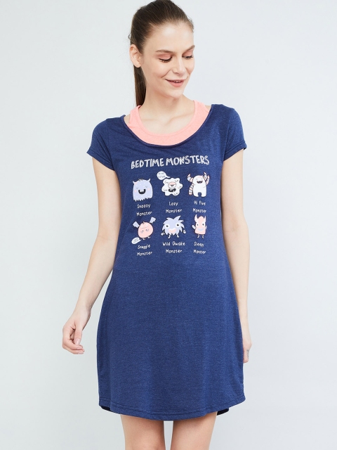 

max Women Navy Blue Printed Cotton Sleep Shirt