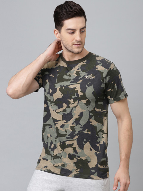 

ASICS Men Green Camouflage Printed Round Neck T-shirt