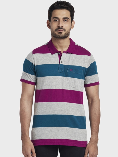 

ColorPlus Men Purple & Grey Striped Polo Collar T-shirt