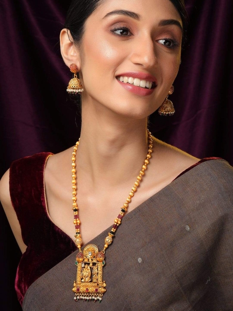 

Rubans 24K Gold-Plated & Pink Ruby Stone-Studded Radha Krishna Beaded Jewellery Set