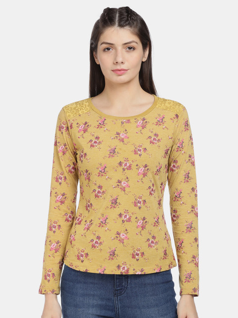 

Aeropostale Women Mustard Yellow & Pink Floral Printed Round Neck T-shirt