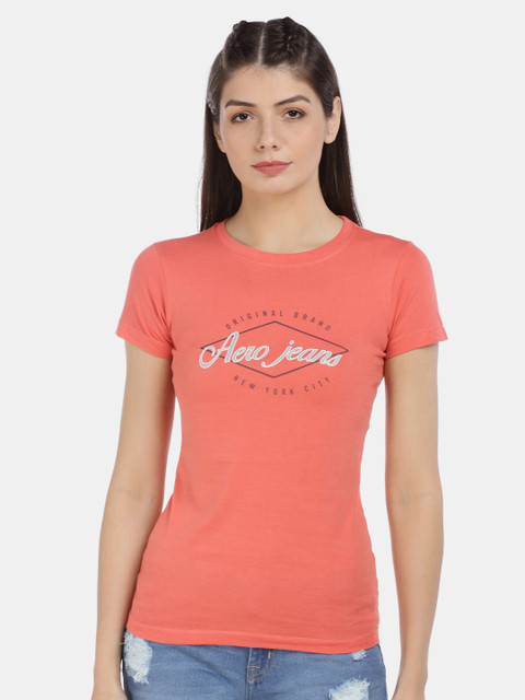 

Aeropostale Women Orange Printed Round Neck T-shirt