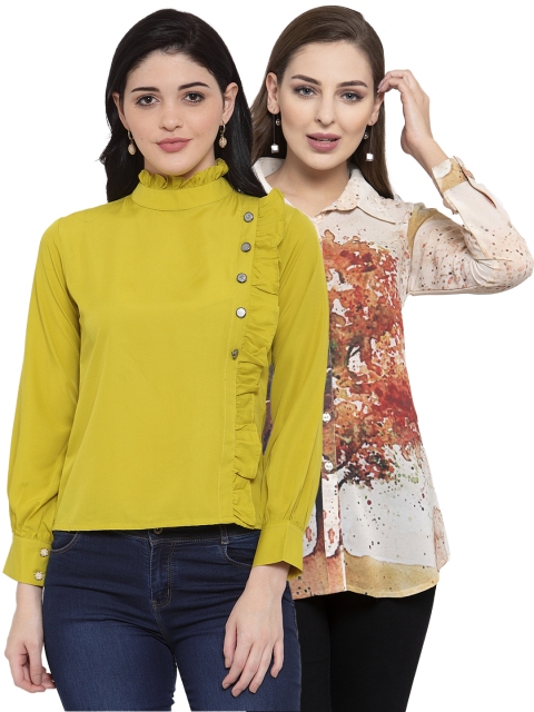 

klauressa Women Set Of 2 Printed Shirt Style Top, Beige