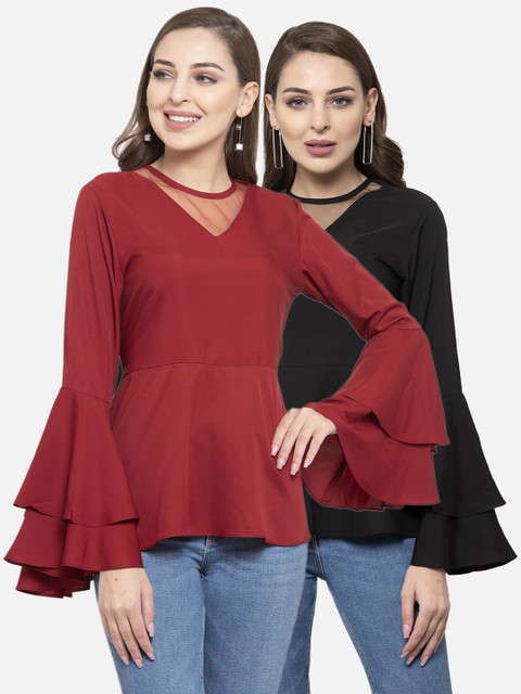 

klauressa Women Pack Of 2 Solid Cinched Waist Tops, Maroon