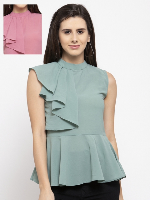 

klauressa Women Pack Of 2 Green & Pink Solid Peplum Tops