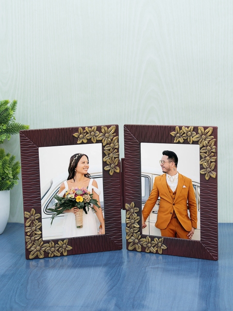 

WISHTANK Set Of 2 Maroon & Gold-Toned Floral Hand Painted Dual Tabletop Vertical Photo Frame