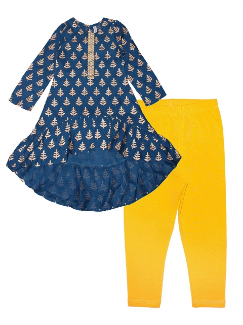 

KiddoPanti Girls Navy Blue & Yellow Printed Kurti with Churidar