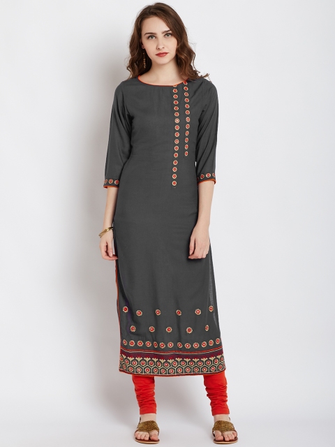 

AgrohA Women Grey Embroidered Straight Kurta