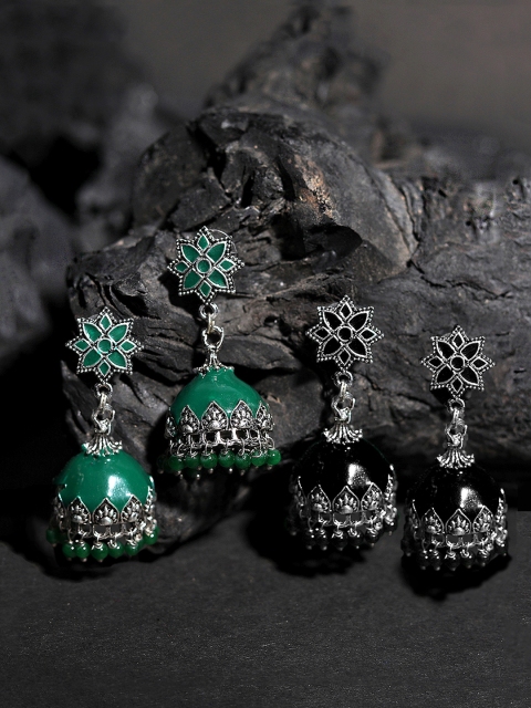 

Yellow Chimes Pack Of 2 Brass-Plated Black & Green Dome Shaped Drop Earrings