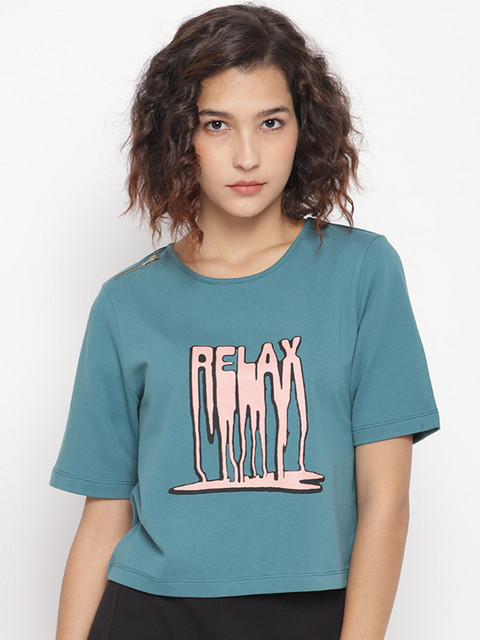 

LA LOFT Women Blue Printed Round Neck T-shirt