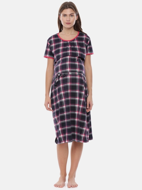 

GOLDSTROMS Women Navy Blue & Pink Checked Maternity Night Dress