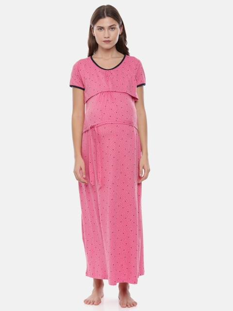 

GOLDSTROMS Women Pink Printed Maternity Maxi Night Dress With Robe