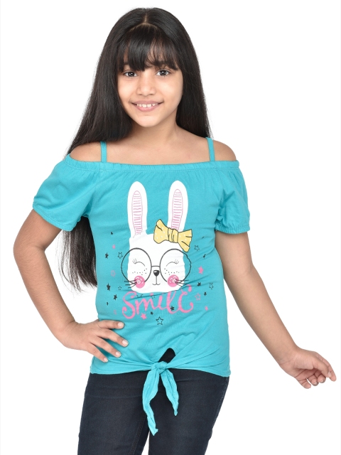 

ORANGE PUMPKKIN Girls Blue Printed Bardot Pure Cotton Top