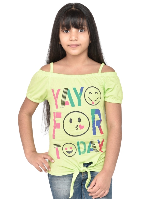 

ORANGE PUMPKKIN Girls Lime Green Printed Bardot Pure Cotton Top