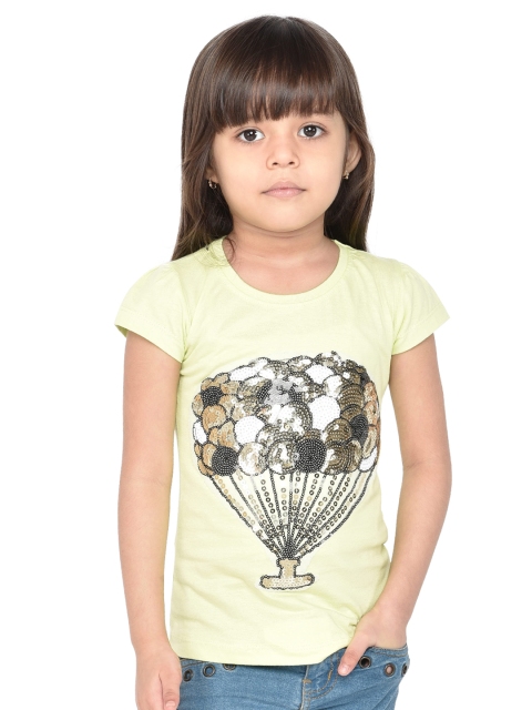 

ORANGE PUMPKKIN Girls Lime Green Printed Pure Cotton Top