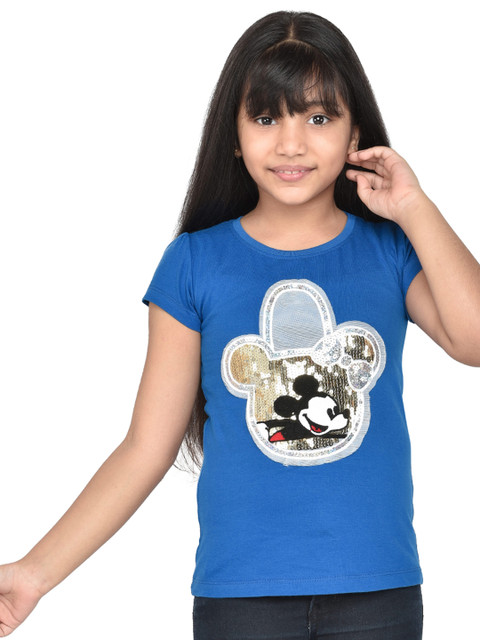 

ORANGE PUMPKKIN Girls Blue Mickey Mouse Embellished Pure Cotton Top