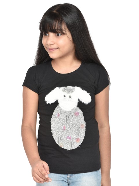 

ORANGE PUMPKKIN Girls Black Printed Pure Cotton Top